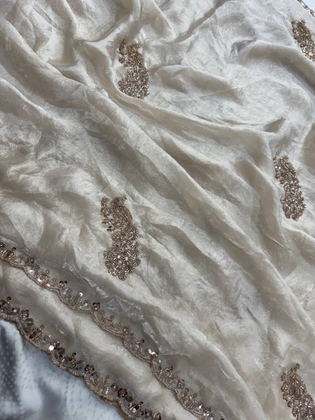 Creative OffWhite Designer Fendy Satin Silk Saree with Heavy Beads Work Blouse Silk Sarees Wholesale