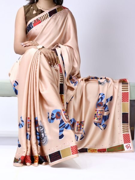Creative Peach Satin Saree with Lace Border for Cultural and Festive Wear Printed Cotton Sarees Wholesale