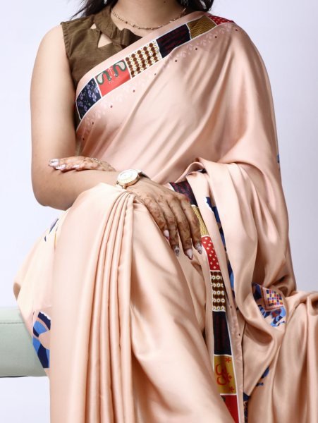 Creative Peach Satin Saree with Lace Border for Cultural and Festive Wear Printed Cotton Sarees Wholesale