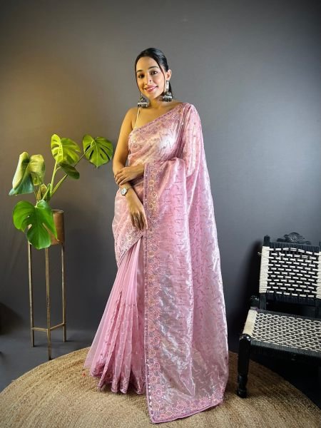 Creative Pink Heavy Twill Net Embroidered Saree with Designer Sequins Blouse Sarees 
