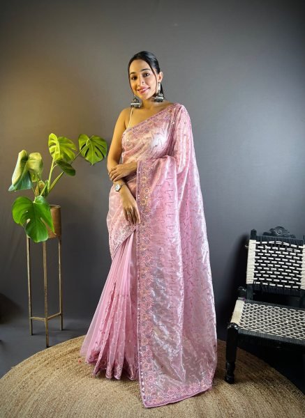 Creative Pink Heavy Twill Net Embroidered Saree with Designer Sequins Blouse Net Sarees Wholesale