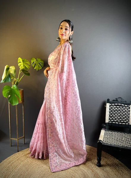 Creative Pink Heavy Twill Net Embroidered Saree with Designer Sequins Blouse Net Sarees Wholesale