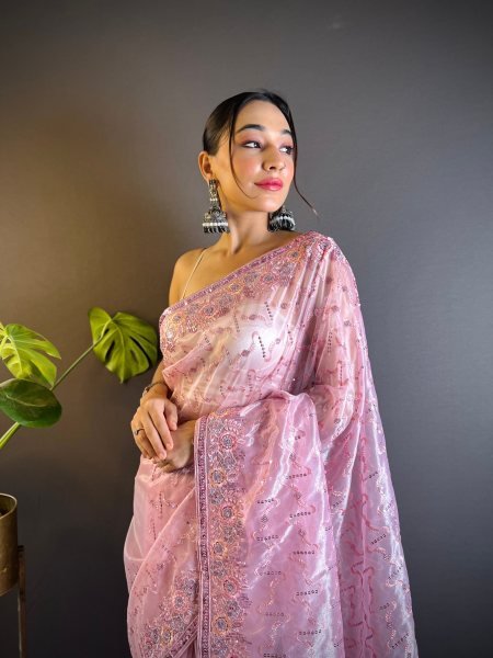 Creative Pink Heavy Twill Net Embroidered Saree with Designer Sequins Blouse Net Sarees Wholesale