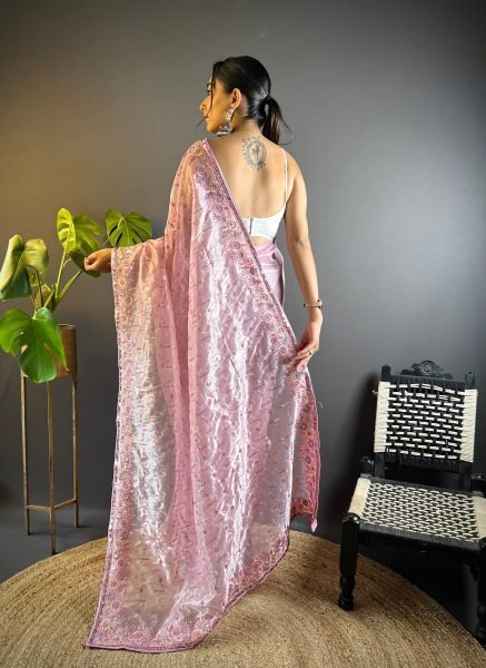 Creative Pink Heavy Twill Net Embroidered Saree with Designer Sequins Blouse Net Sarees Wholesale