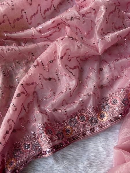 Creative Pink Heavy Twill Net Embroidered Saree with Designer Sequins Blouse Net Sarees Wholesale