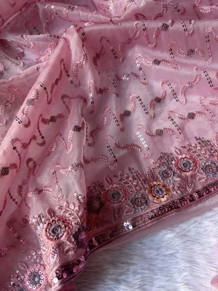 Creative Pink Heavy Twill Net Embroidered Saree with Designer Sequins Blouse Net Sarees Wholesale