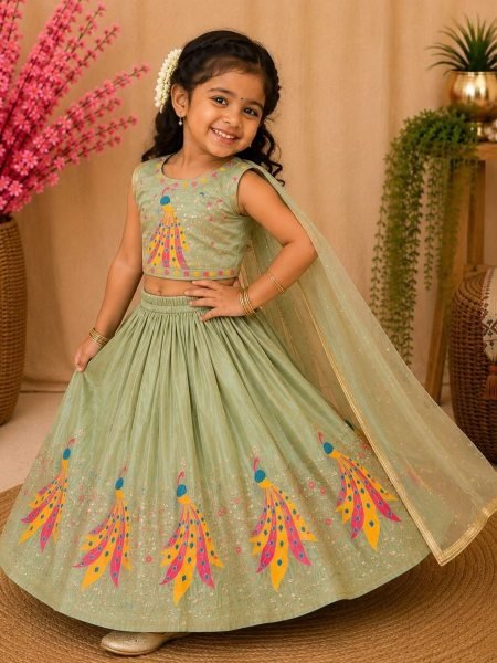 Creative Pista Kids Chinon Silk Lehenga Choli with Sequins Embroidery and Fancy Latkan Kurtis
