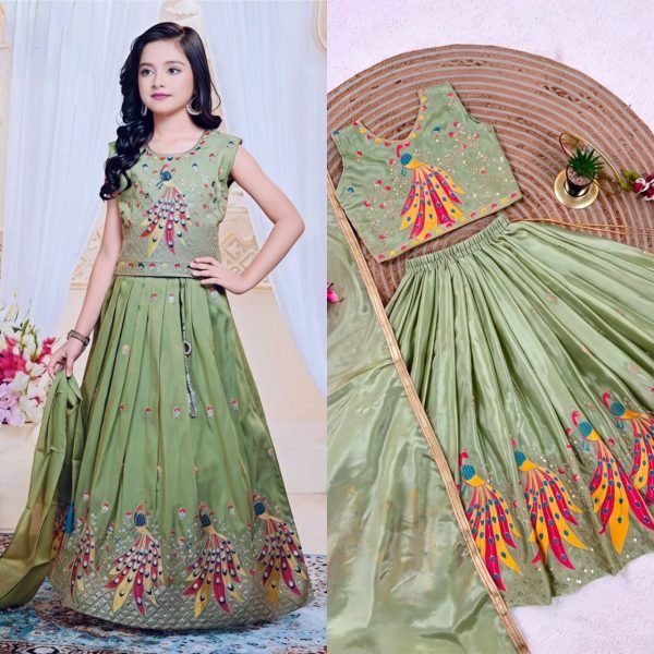 Creative Pista Kids Chinon Silk Lehenga Choli with Sequins Embroidery and Fancy Latkan Girls Wear