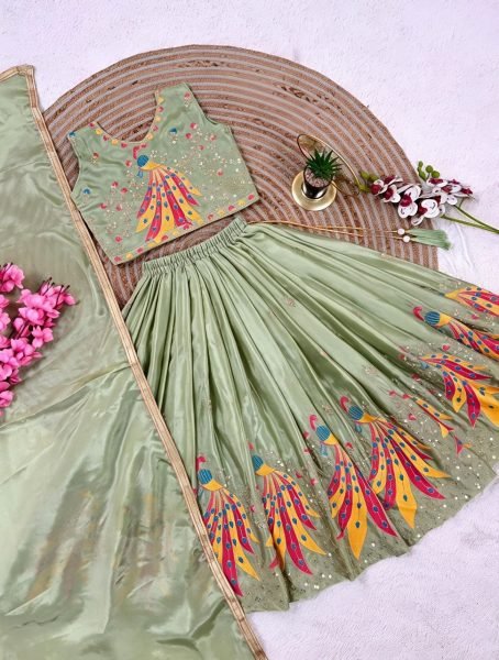 Creative Pista Kids Chinon Silk Lehenga Choli with Sequins Embroidery and Fancy Latkan Girls Wear