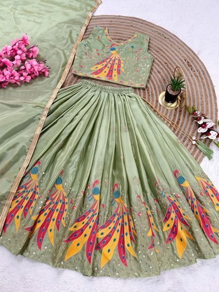 Creative Pista Kids Chinon Silk Lehenga Choli with Sequins Embroidery and Fancy Latkan Girls Wear