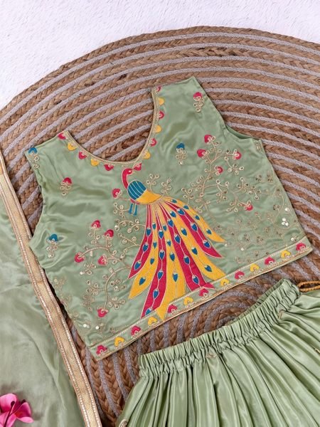Creative Pista Kids Chinon Silk Lehenga Choli with Sequins Embroidery and Fancy Latkan Girls Wear