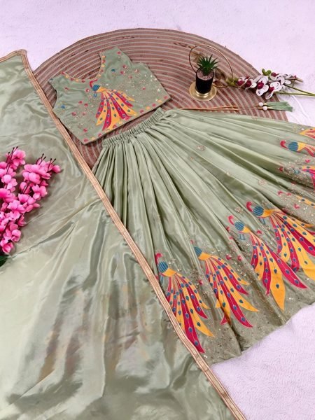 Creative Pista Kids Chinon Silk Lehenga Choli with Sequins Embroidery and Fancy Latkan Girls Wear