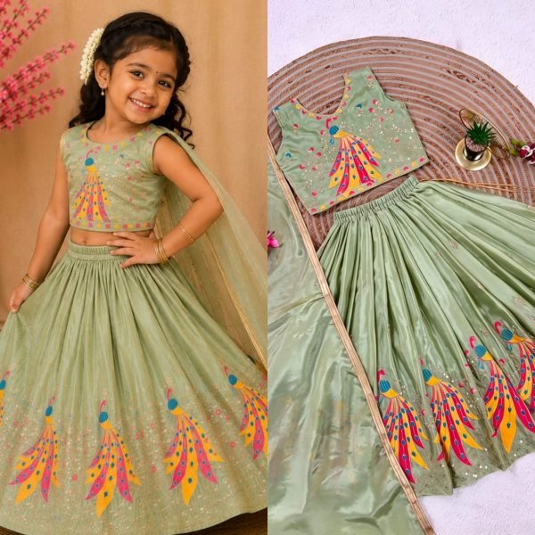 Creative Pista Kids Chinon Silk Lehenga Choli with Sequins Embroidery and Fancy Latkan Girls Wear