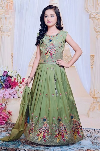 Creative Pista Kids Chinon Silk Lehenga Choli with Sequins Embroidery and Fancy Latkan Girls Wear