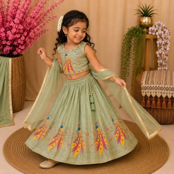 Creative Pista Kids Chinon Silk Lehenga Choli with Sequins Embroidery and Fancy Latkan Girls Wear
