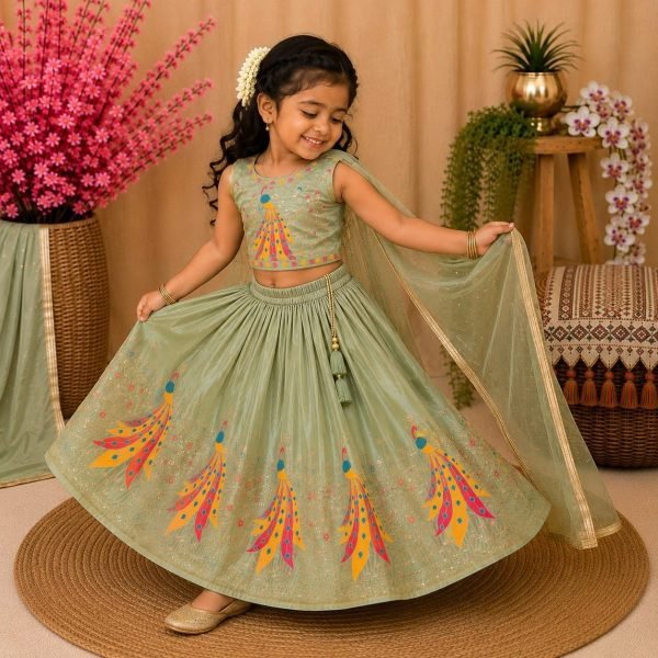 Creative Pista Kids Chinon Silk Lehenga Choli with Sequins Embroidery and Fancy Latkan Girls Wear