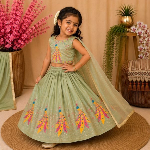 Creative Pista Kids Chinon Silk Lehenga Choli with Sequins Embroidery and Fancy Latkan Girls Wear