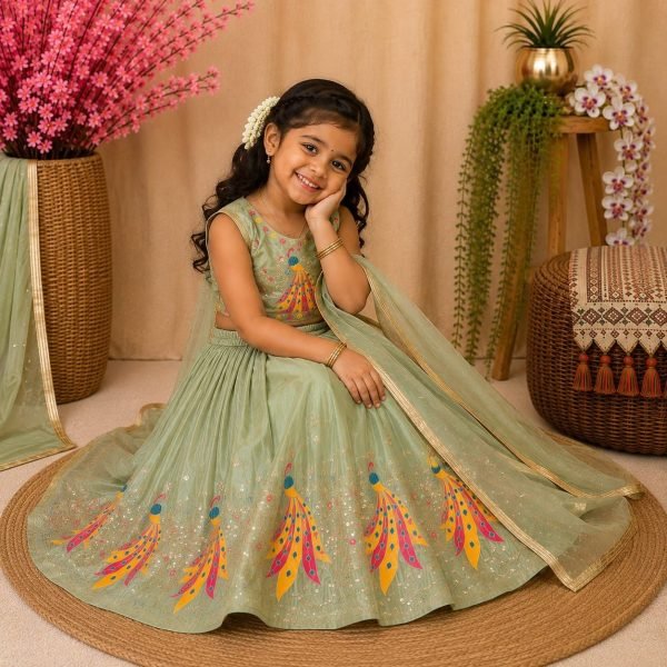 Creative Pista Kids Chinon Silk Lehenga Choli with Sequins Embroidery and Fancy Latkan Girls Wear