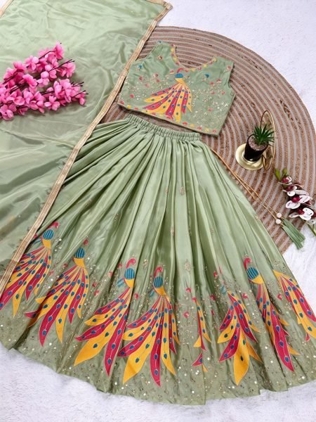 Creative Pista Kids Chinon Silk Lehenga Choli with Sequins Embroidery and Fancy Latkan Girls Wear