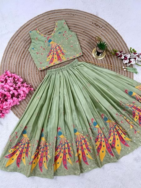 Creative Pista Kids Chinon Silk Lehenga Choli with Sequins Embroidery and Fancy Latkan Girls Wear