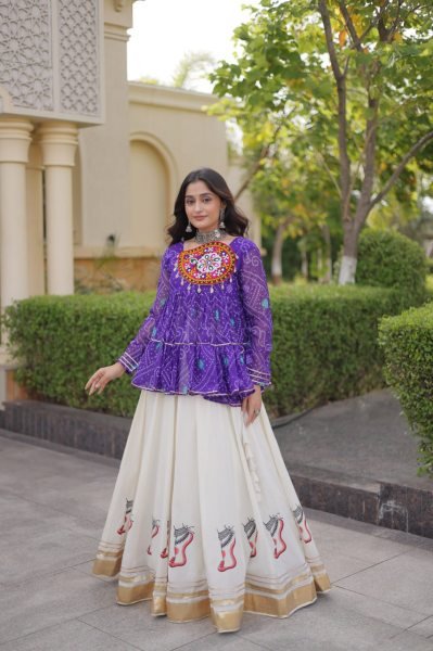 Creative Purple Fully Stitched Kora Cotton Lehenga with Chain and Dori Waist at Manufacturer  Navratri Lehnega Choli