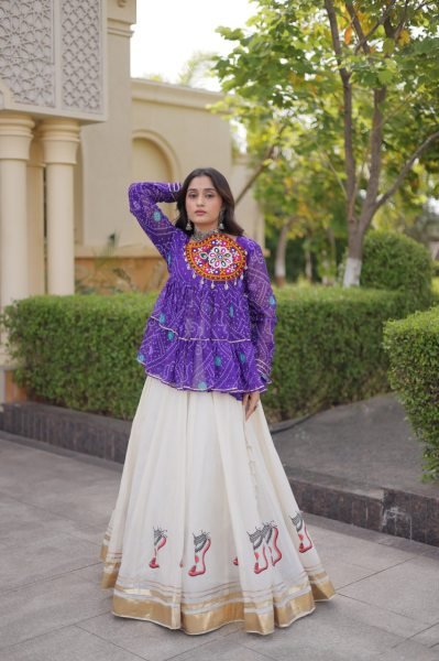 Creative Purple Fully Stitched Kora Cotton Lehenga with Chain and Dori Waist at Manufacturer  Navratri Lehnega Choli