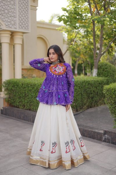 Creative Purple Fully Stitched Kora Cotton Lehenga with Chain and Dori Waist at Manufacturer  Navratri Lehnega Choli