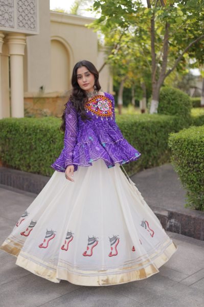 Creative Purple Fully Stitched Kora Cotton Lehenga with Chain and Dori Waist at Manufacturer  Navratri Lehnega Choli