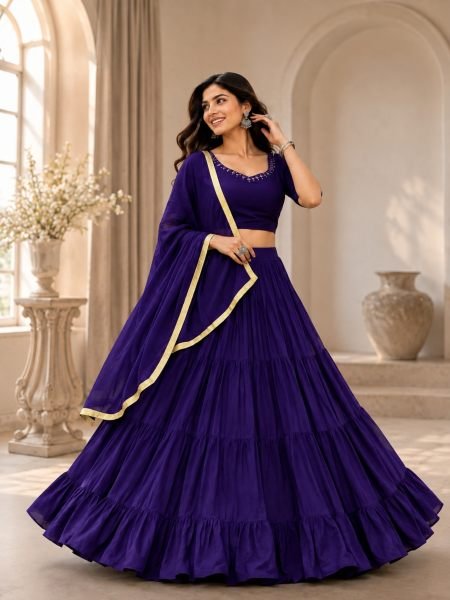 Creative Purple Navratri Rayon Cotton Lehenga Choli with Handmade Mirror Work  Lehenga