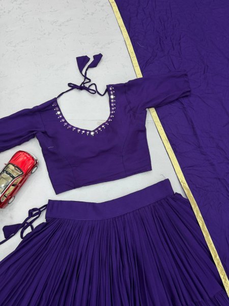 Creative Purple Navratri Rayon Cotton Lehenga Choli with Handmade Mirror Work Navratri Lehnega Choli