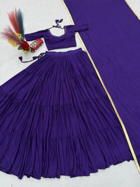 Creative Purple Navratri Rayon Cotton Lehenga Choli with Handmade Mirror Work Navratri Lehnega Choli
