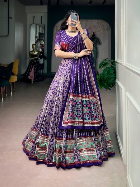 Creative Purple Traditional Navratri Chaniya Choli in Tasar Silk with Dupatta 