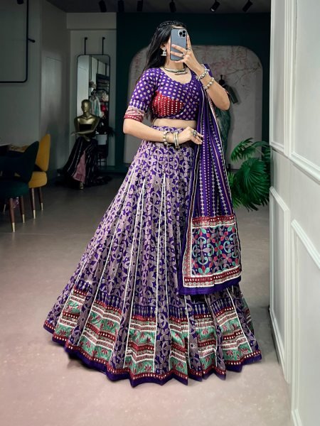 Creative Purple Traditional Navratri Chaniya Choli in Tasar Silk with Dupatta Designer Lehenga Choli