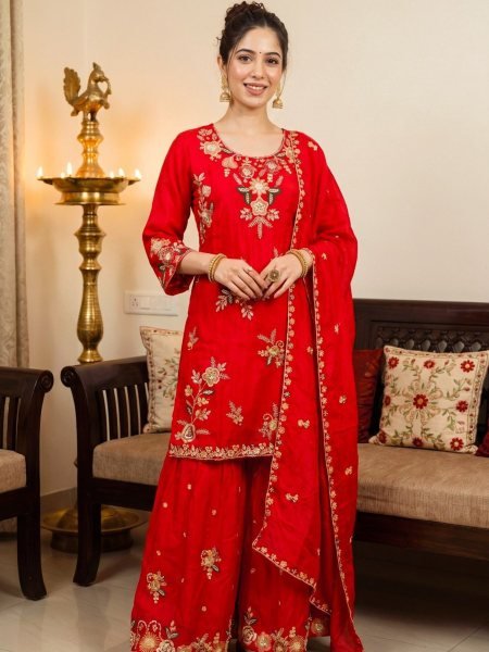 Creative Red Boutique Style Salwar Suit with Heavy Handwork and Pure Fabric Salwar Kameez
