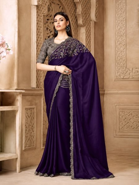Creative Royal Purple Designer Satin Silk Saree with Heavy Party Wear Look and Blouse Piece Sarees 