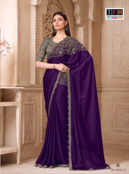 Creative Royal Purple Designer Satin Silk Saree with Heavy Party Wear Look and Blouse Piece Silk Sarees Wholesale