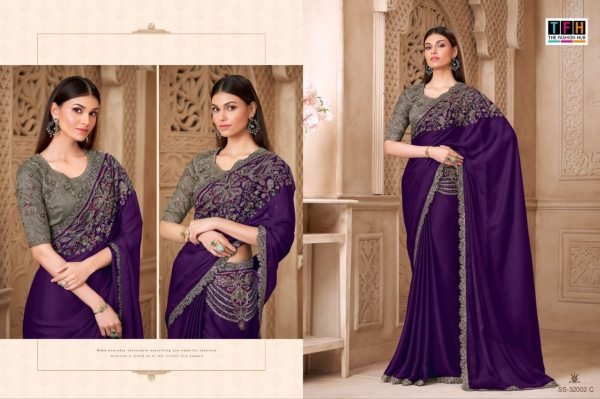 Creative Royal Purple Designer Satin Silk Saree with Heavy Party Wear Look and Blouse Piece Silk Sarees Wholesale