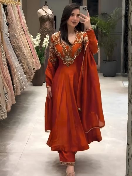 Creative Rust Premium Roman Silk Gown with Cutdana Beads Work at Wholesale Rate Ready To Wear Suit