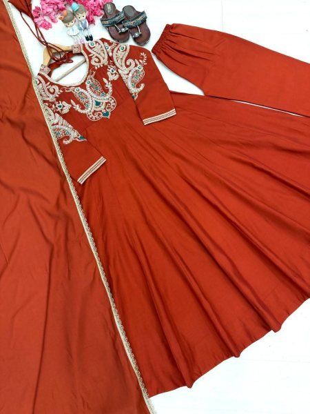 Creative Rust Premium Roman Silk Gown with Cutdana Beads Work at Wholesale Rate Ready To Wear Collection