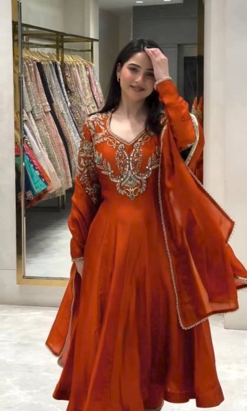 Creative Rust Premium Roman Silk Gown with Cutdana Beads Work at Wholesale Rate Ready To Wear Collection