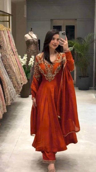 Creative Rust Premium Roman Silk Gown with Cutdana Beads Work at Wholesale Rate Ready To Wear Collection