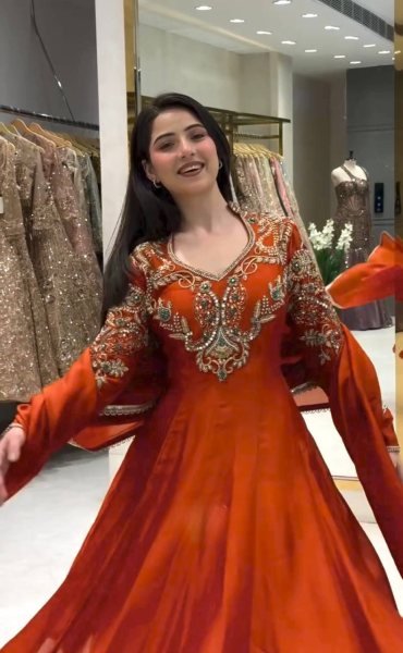 Creative Rust Premium Roman Silk Gown with Cutdana Beads Work at Wholesale Rate Ready To Wear Collection
