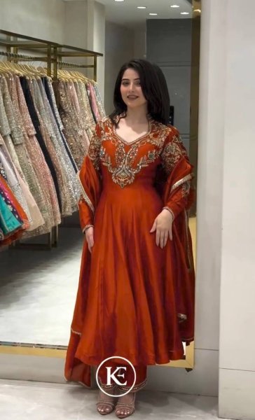 Creative Rust Premium Roman Silk Gown with Cutdana Beads Work at Wholesale Rate Ready To Wear Collection