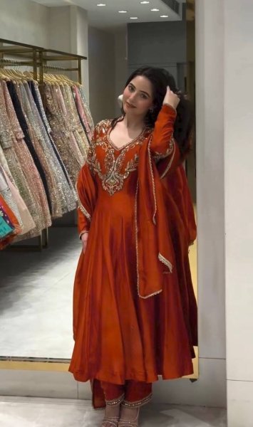 Creative Rust Premium Roman Silk Gown with Cutdana Beads Work at Wholesale Rate Ready To Wear Collection