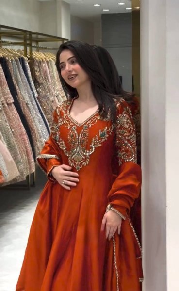 Creative Rust Premium Roman Silk Gown with Cutdana Beads Work at Wholesale Rate Ready To Wear Collection