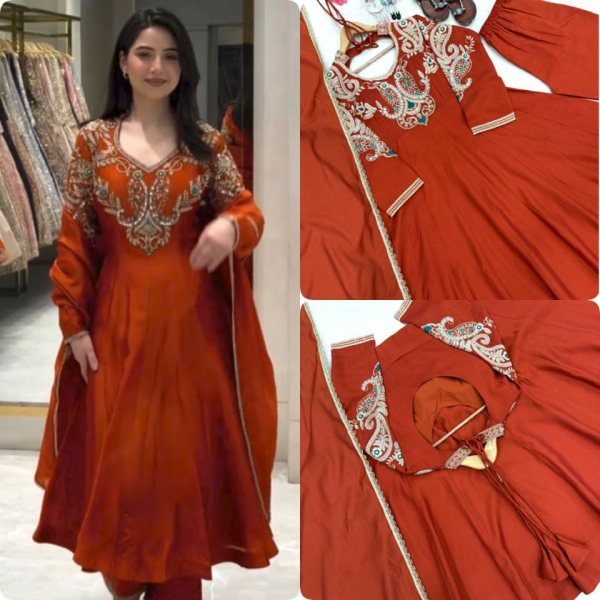 Creative Rust Premium Roman Silk Gown with Cutdana Beads Work at Wholesale Rate Ready To Wear Collection