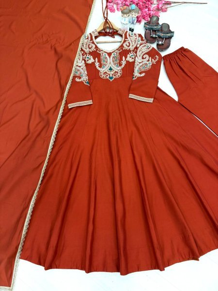 Creative Rust Premium Roman Silk Gown with Cutdana Beads Work at Wholesale Rate Ready To Wear Collection