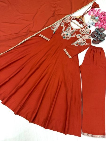 Creative Rust Premium Roman Silk Gown with Cutdana Beads Work at Wholesale Rate Ready To Wear Collection