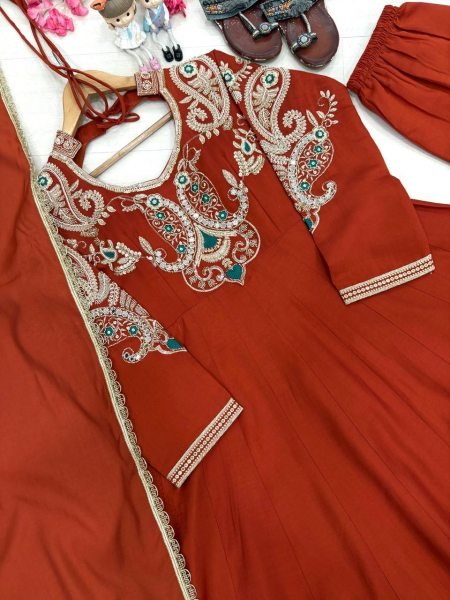 Creative Rust Premium Roman Silk Gown with Cutdana Beads Work at Wholesale Rate Ready To Wear Collection