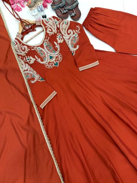 Creative Rust Premium Roman Silk Gown with Cutdana Beads Work at Wholesale Rate Ready To Wear Collection